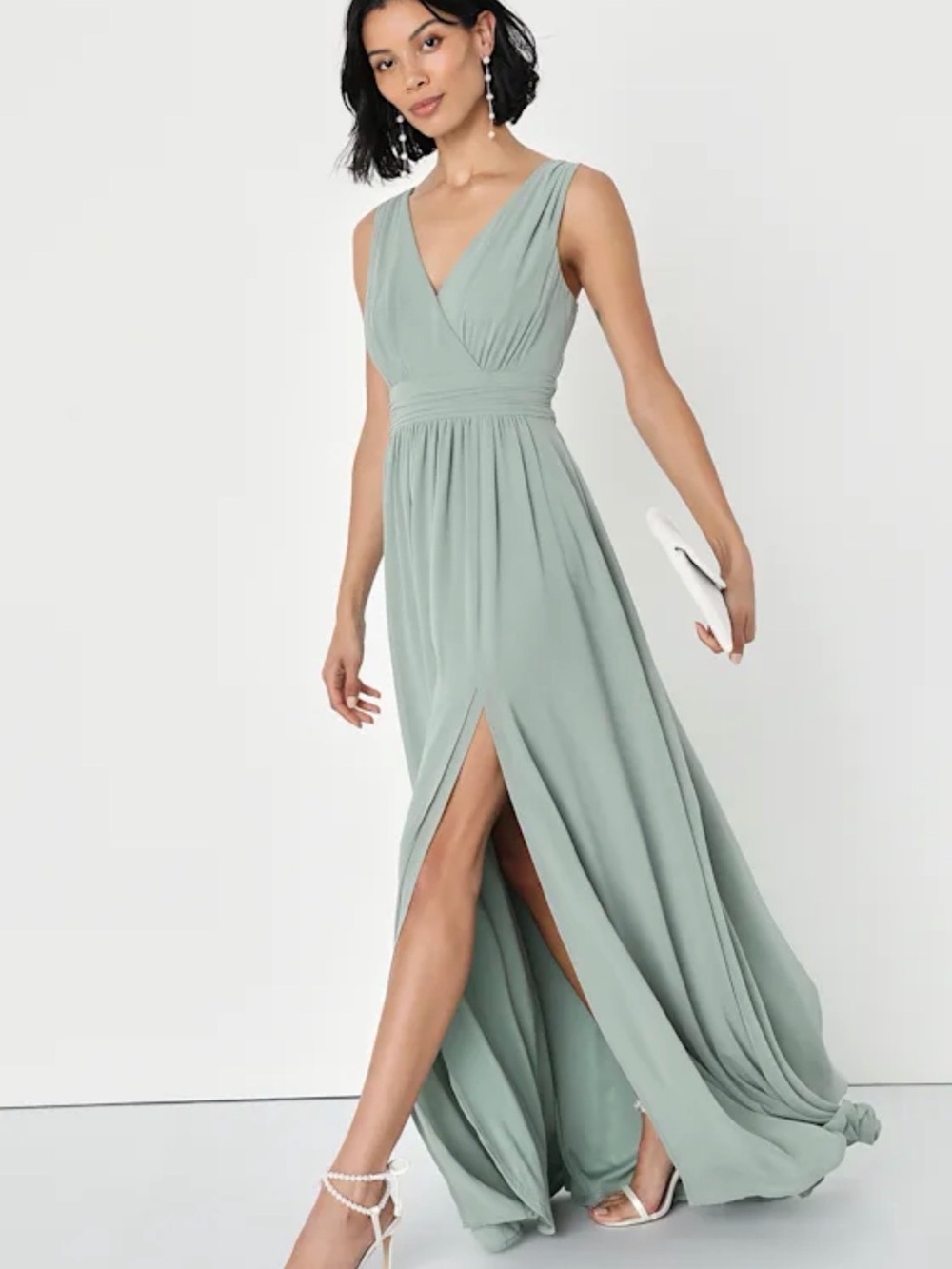 Lulu's Sage Green V-Neck Sleeveless Maxi Dress with Front Slit